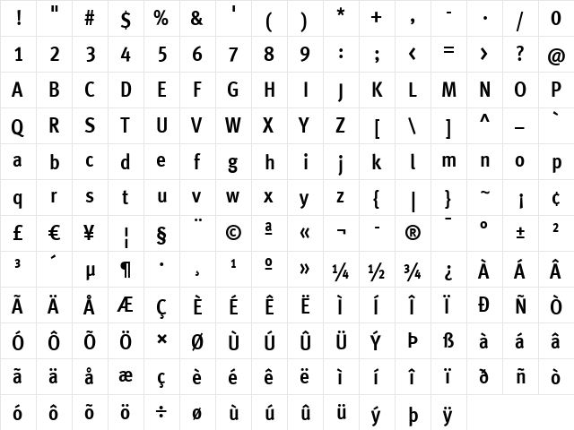 MetaCondBoldLF Roman  glyph index