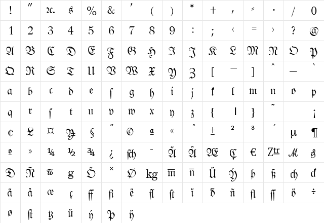 Leipzig Fraktur Normal  glyph index