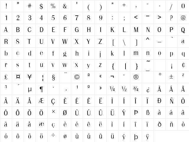 Britannic Becker Light Regular  glyph index