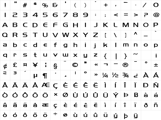 Orbit-Extended Bold  glyph index