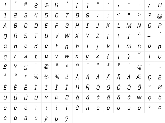 United Italic Reg Medium  glyph index