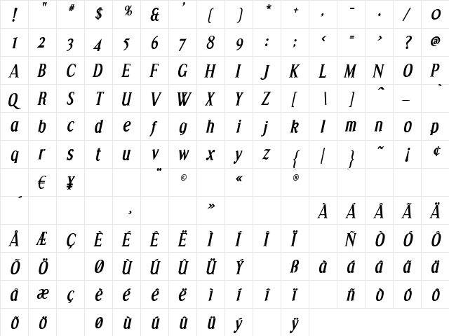 Effloresce Bold Italic  glyph index