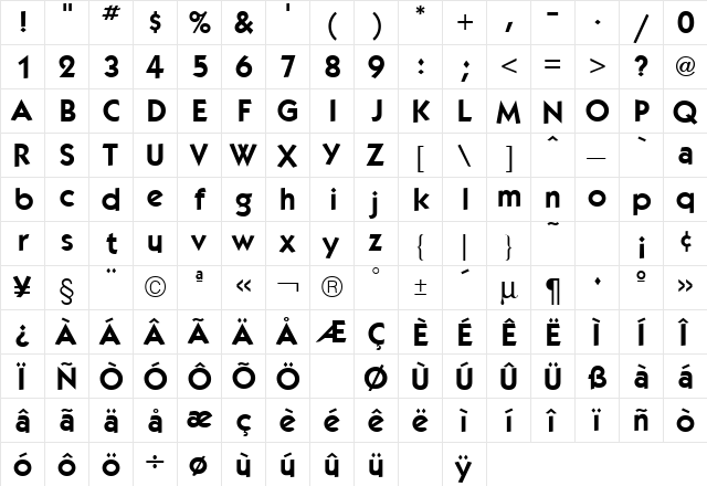 Kabel Demi Regular  glyph index