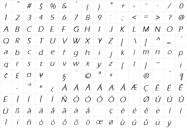 Eros Italic  glyph index