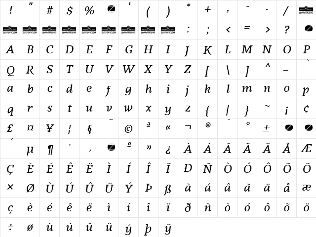 Radcliffe Text Medium Italic  glyph index