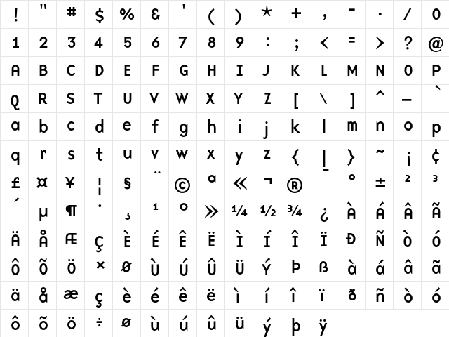 BaseNine Roman  glyph index
