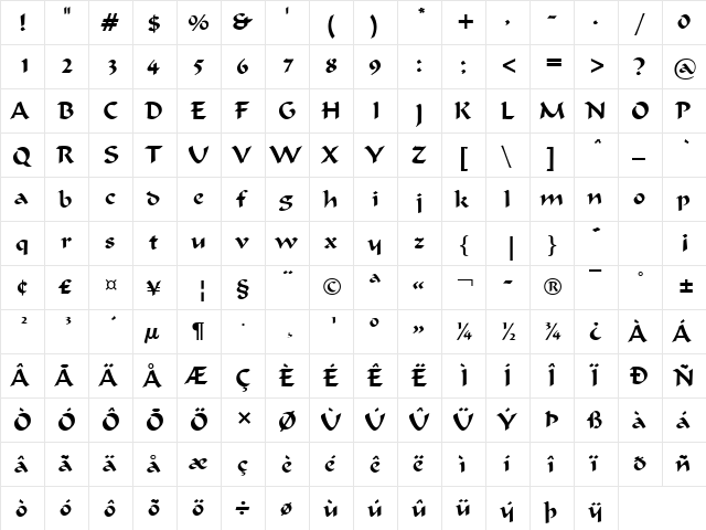 Calligrapher Normal  glyph index