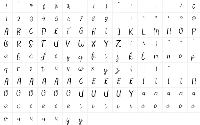 Hello Lovely Regular  glyph index