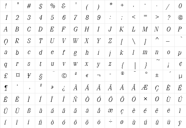 FeniceLightITC Italic  glyph index