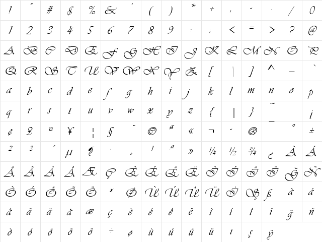 TrSah VivaldiD Regular  glyph index