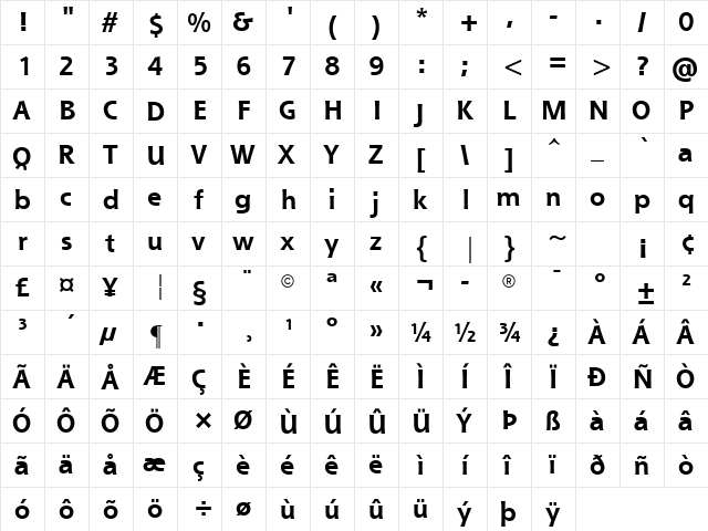 Shannon ATT Bold  glyph index