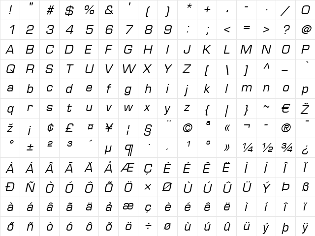 Eurostile LT Italic  glyph index