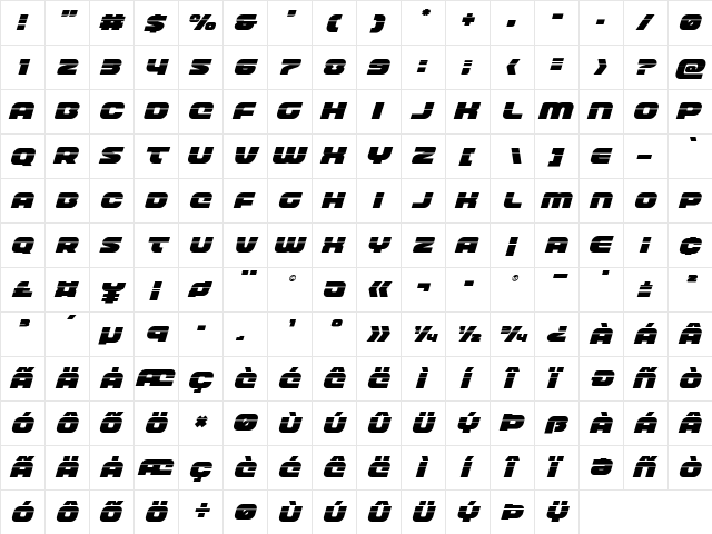 Front Runner Laser Italic Italic  glyph index