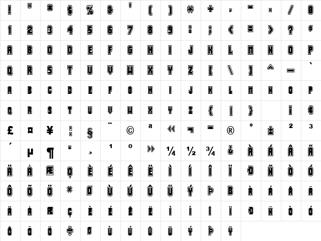 Jersey-Condensed Normal  glyph index