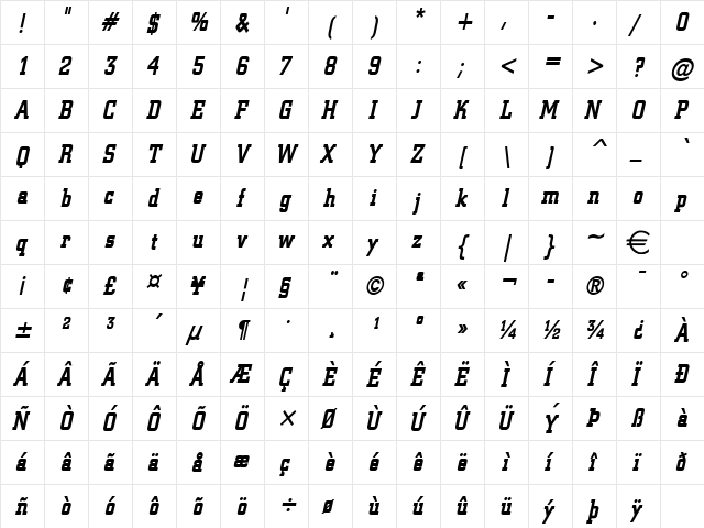 Geo957Condensed BoldItalic  glyph index