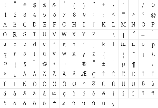 Corporate E BQ Light  glyph index