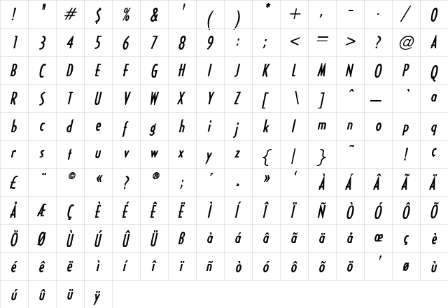 HalseyLightCondSSK BoldItalic  glyph index