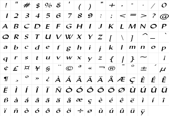 Lynda Extended Italic  glyph index