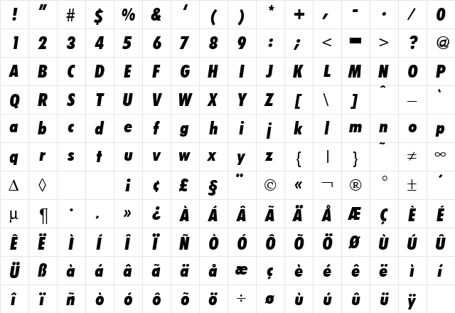 FunctionCondTwoExtrabold RegularItalic  glyph index