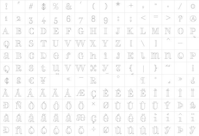 PerlaAlternate Outline Regular  glyph index