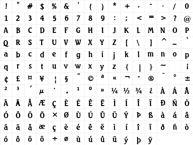 Beach Bold  glyph index