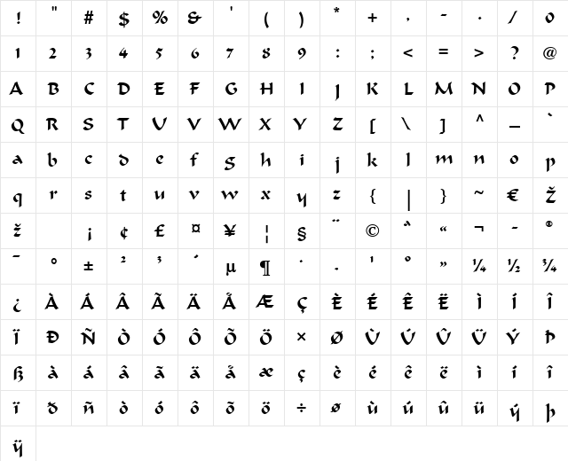 Ondine LT Regular  glyph index