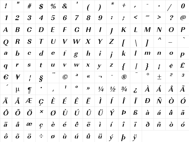 RicoBecker Bold Italic  glyph index