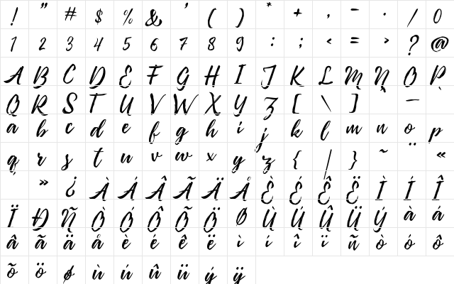 Pennello Free Demo Script Regular  glyph index