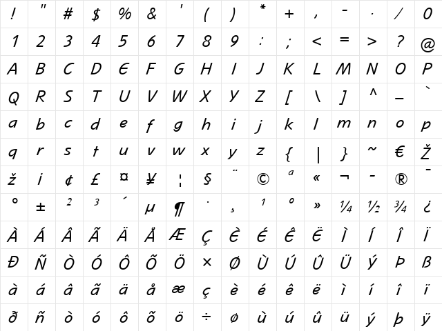 Mano LT Regular Regular  glyph index