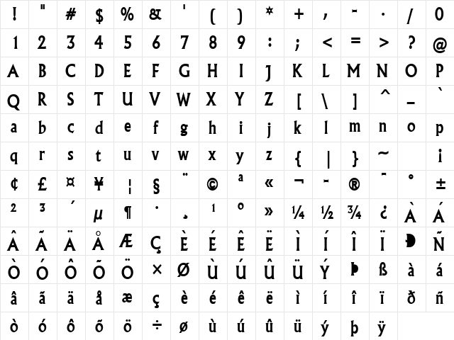 Flair Condensed Bold  glyph index