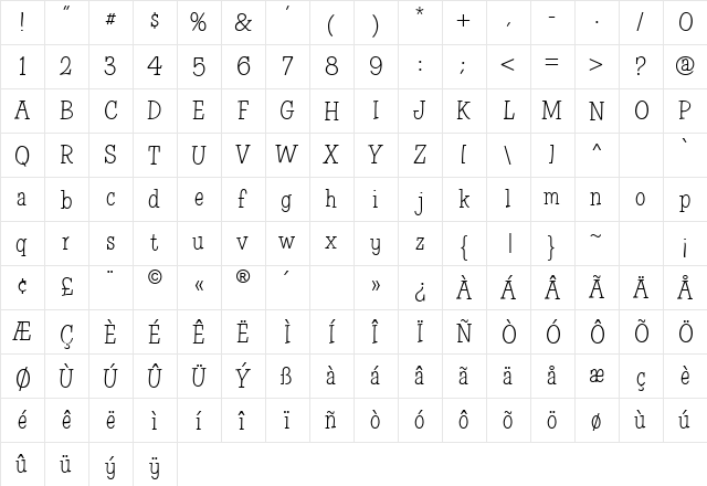 CAC One Seventy Regular  glyph index