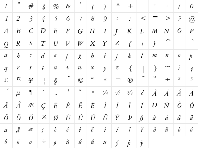 American Garamond Italic  glyph index