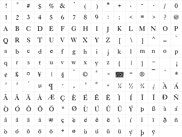 Casque Regular  glyph index