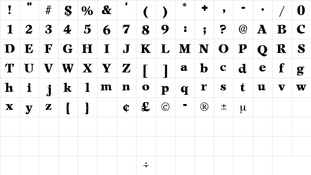 MezzoDisplaySSK Regular  glyph index