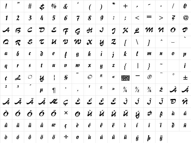 Brush Flair Regular  glyph index