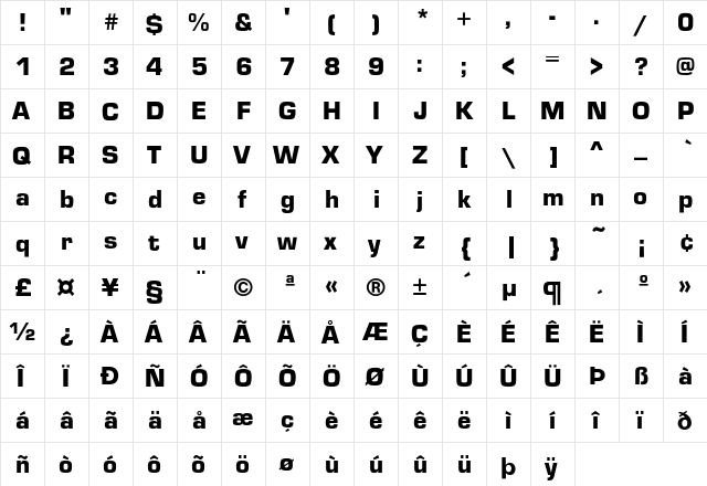 Eurostile-Black-DTC Regular  glyph index