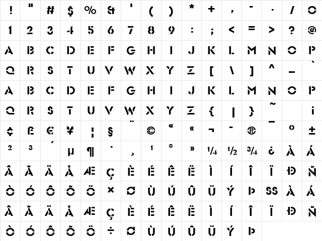 Glendale-Stencil Regular  glyph index