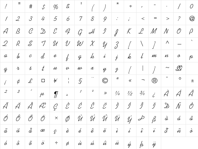 Prose Script SSi Regular  glyph index