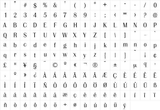 Grenoble-Light Regular  glyph index