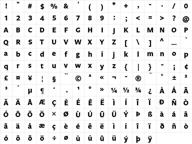 Legato LF Bold  glyph index