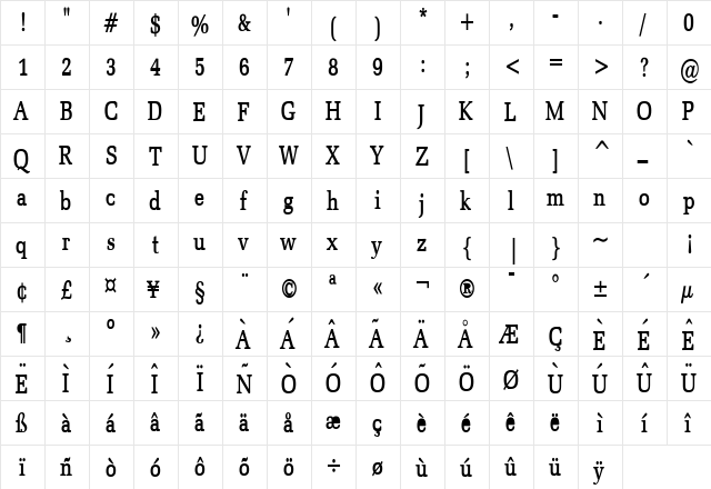 Bid Roman Thin Bold  glyph index