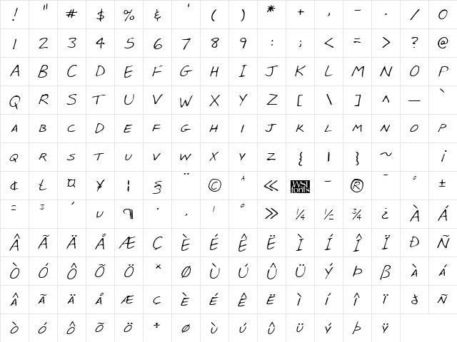 BabcocksHand Regular  glyph index