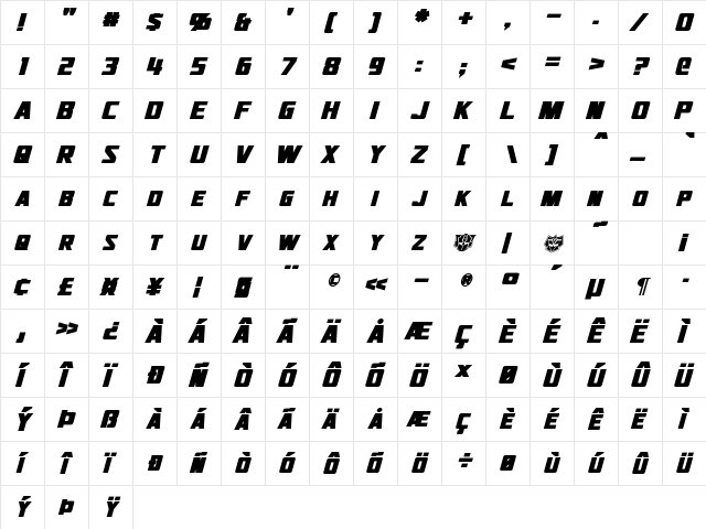 Jhiaxus Bold Italic  glyph index