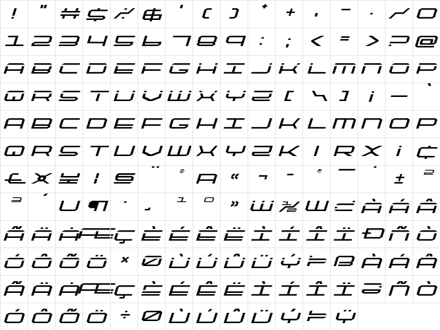 QuickTech Expanded Italic Expanded Italic  glyph index