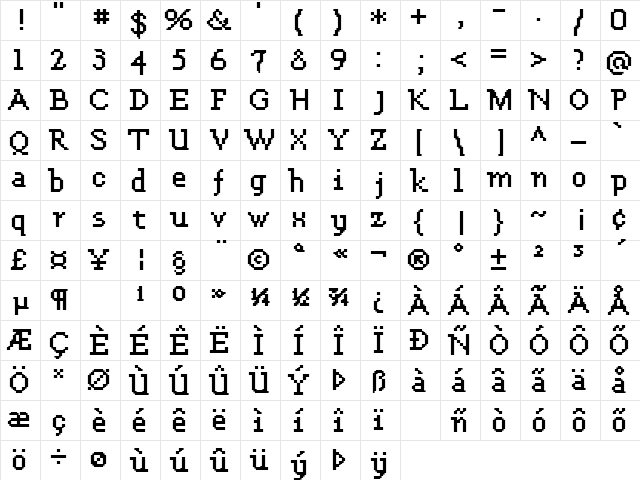 FFF Enterprise Extended Regular  glyph index
