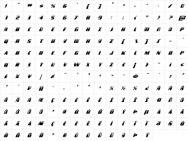 Typhoon Laser Italic Italic  glyph index