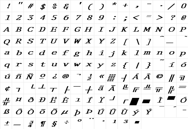 Delegate-Normal Ex BI Bold Italic  glyph index