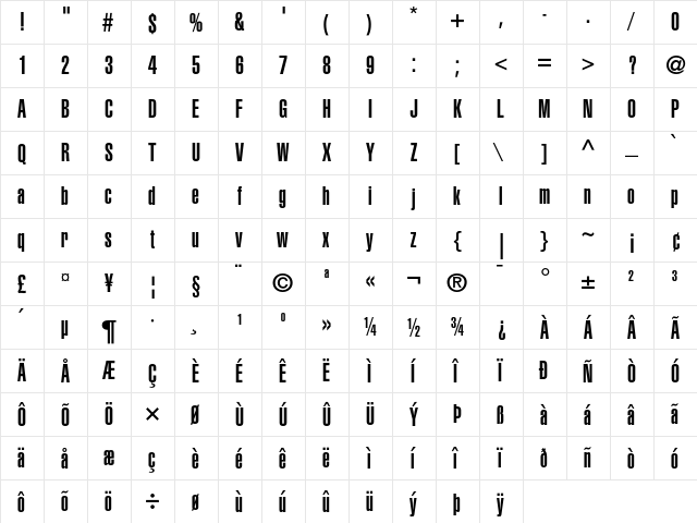 Helvetica Ultra Compressed  glyph index