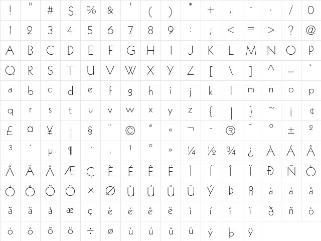 Kabel Light  glyph index