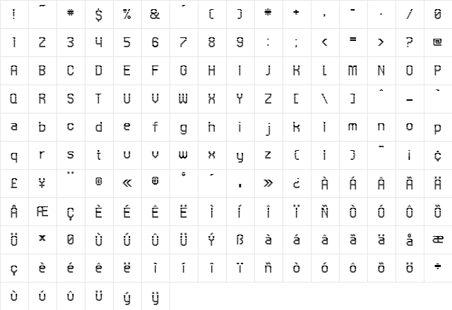 UNDA Regular  glyph index
